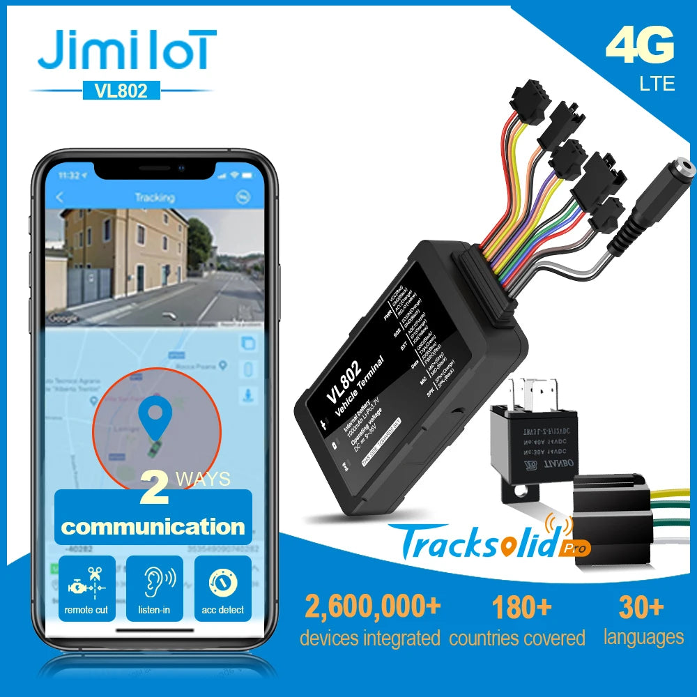 JIMIIOT VL802 4G Tracker Bluetooth LTE Localizator GPS pentru vehicule Urmărire în timp real Anti-hoț Vorbire în două sensuri Oprire Kit de telecomandă a motorului