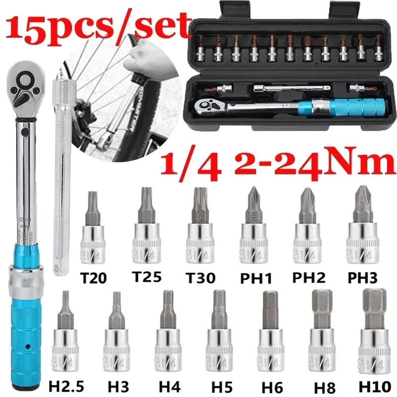 Set Repair Socket Torque 1/4" Motorcycle Bicycle Socket Spanner Tools Kits Professional Wrench 2-24nm Allen Key Wrench 15pcs/set