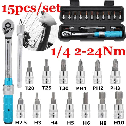 Set Repair Socket Torque 1/4" Motorcycle Bicycle Socket Spanner Tools Kits Professional Wrench 2-24nm Allen Key Wrench 15pcs/set