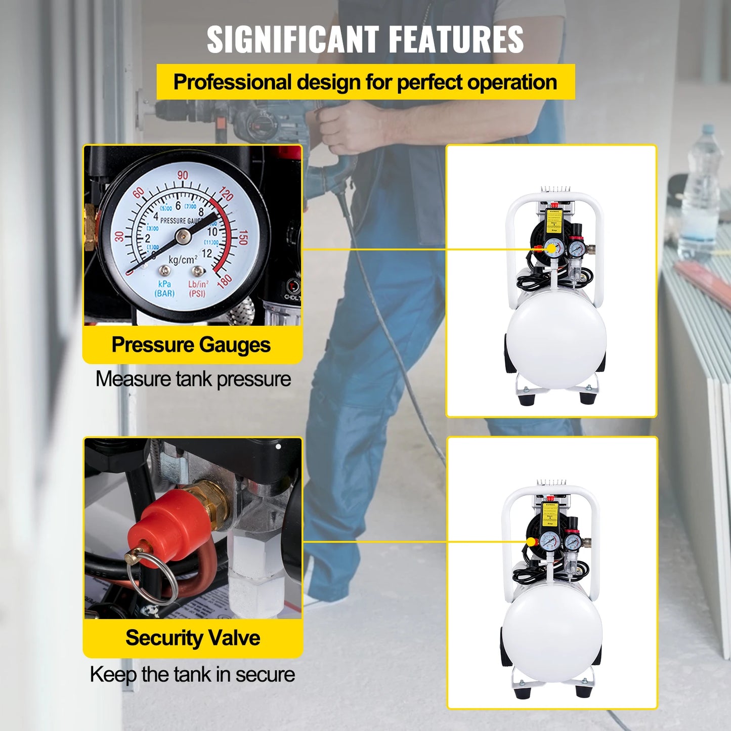 VEVOR 14/18/30/35 L Silent Whisper Compressor 850/1000/1500 W Quiet Oil-Free Compressor 1.1/1.5/2 HP For Workshop Tires Bicycle