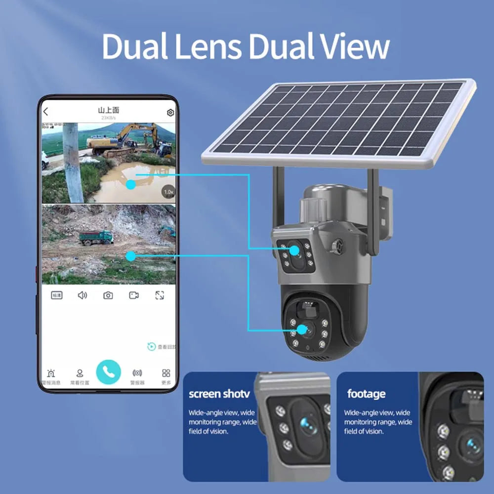 Cameră solară 8MP 4K WiFi Cameră de supraveghere CCTV fără fir pentru exterior cu panou solar lentilă duală PTZ IP Cameră de protecție de securitate