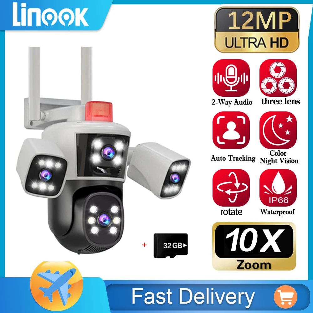 Linook12MP 6K 3 lenses waterproof CCTV outdoor WIFI phone network camera PTZ 360 intelligent camera security protection camera