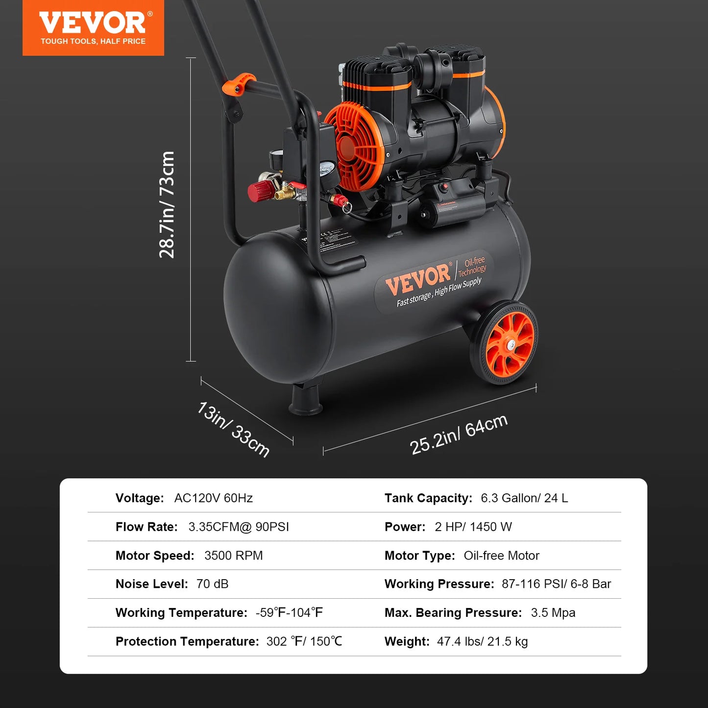 VEVOR Air Compressor, 9L 18L 24L 35L Oil Free Air Compressor Tank  116PSI Pressure, 70 dB Ultra Quiet Compressor for Auto Repair