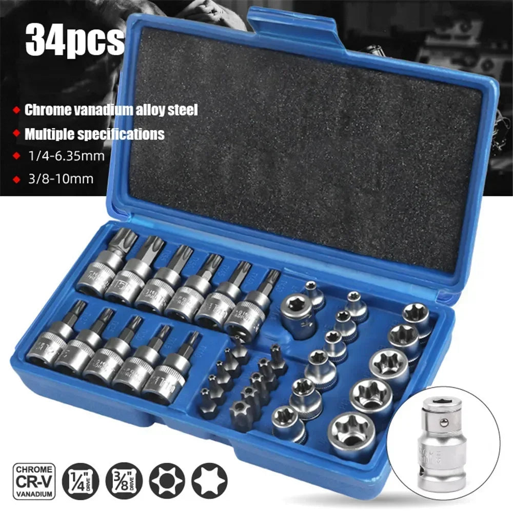 34 de bucăți de înaltă calitate Torx Star Sockets &amp; Bit Set Instrument portabil Torque Star Socket Masculin / Femeie E-Security Bits Drive Hand Tools