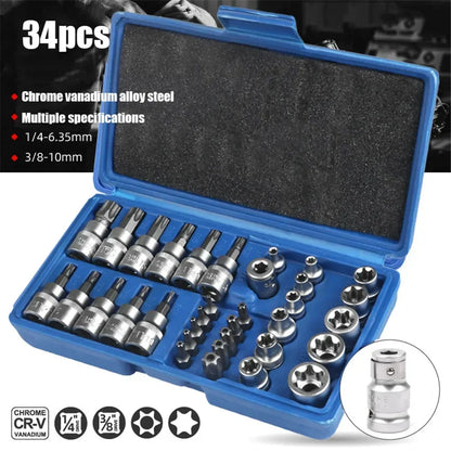 34 de bucăți de înaltă calitate Torx Star Sockets &amp; Bit Set Instrument portabil Torque Star Socket Masculin / Femeie E-Security Bits Drive Hand Tools