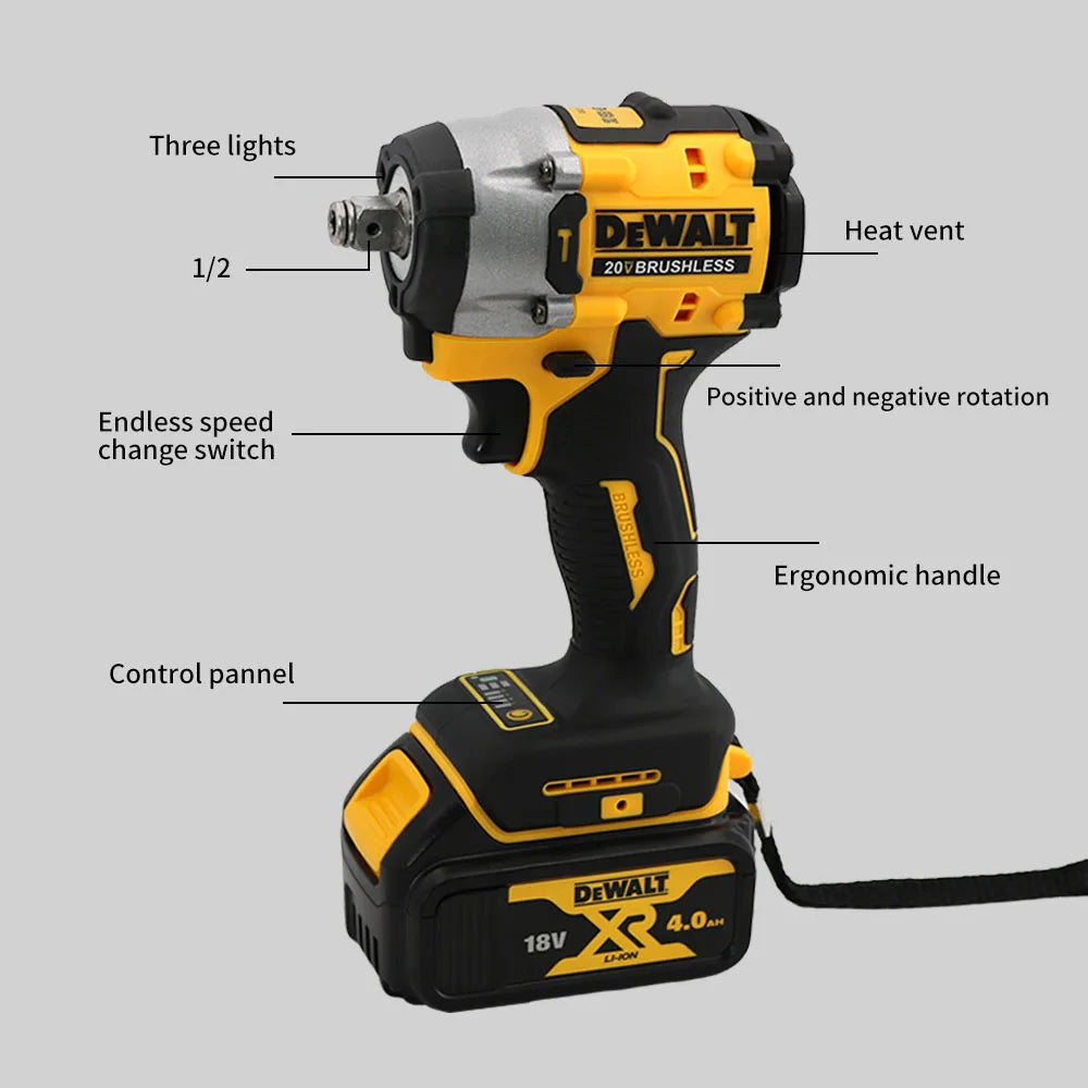 DEWALT DCF921 20V Cheie cu impact fără perii 1/2 inch Burghiu electric fără fir Uneltă electrică multifuncțională cu viteză variabilă