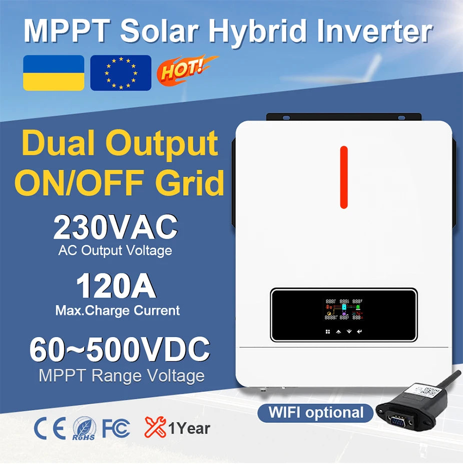 Invertor solar cu ieșire dublă On/Off Grid 4.2KW 24V 6.2KW 48V 120A cu regulator de încărcare solar MPPT Invertor hibrid cu undă sinusoială pură