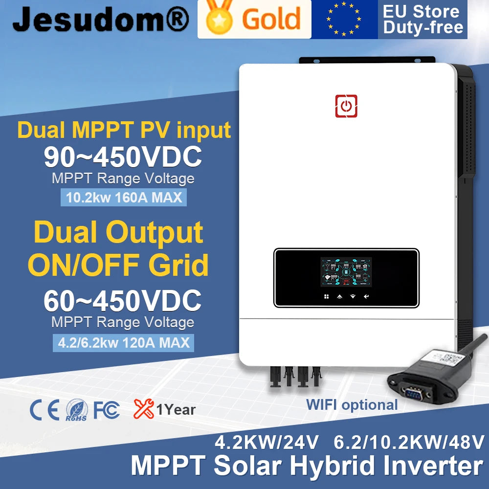 Dual Output On/Off Grid Solar Inverter4.2KW 24V 6.2KW 48V10.2KW With BMS Ports Dual MPPT PV Input Pure Sine Wave Hybrid Inverter