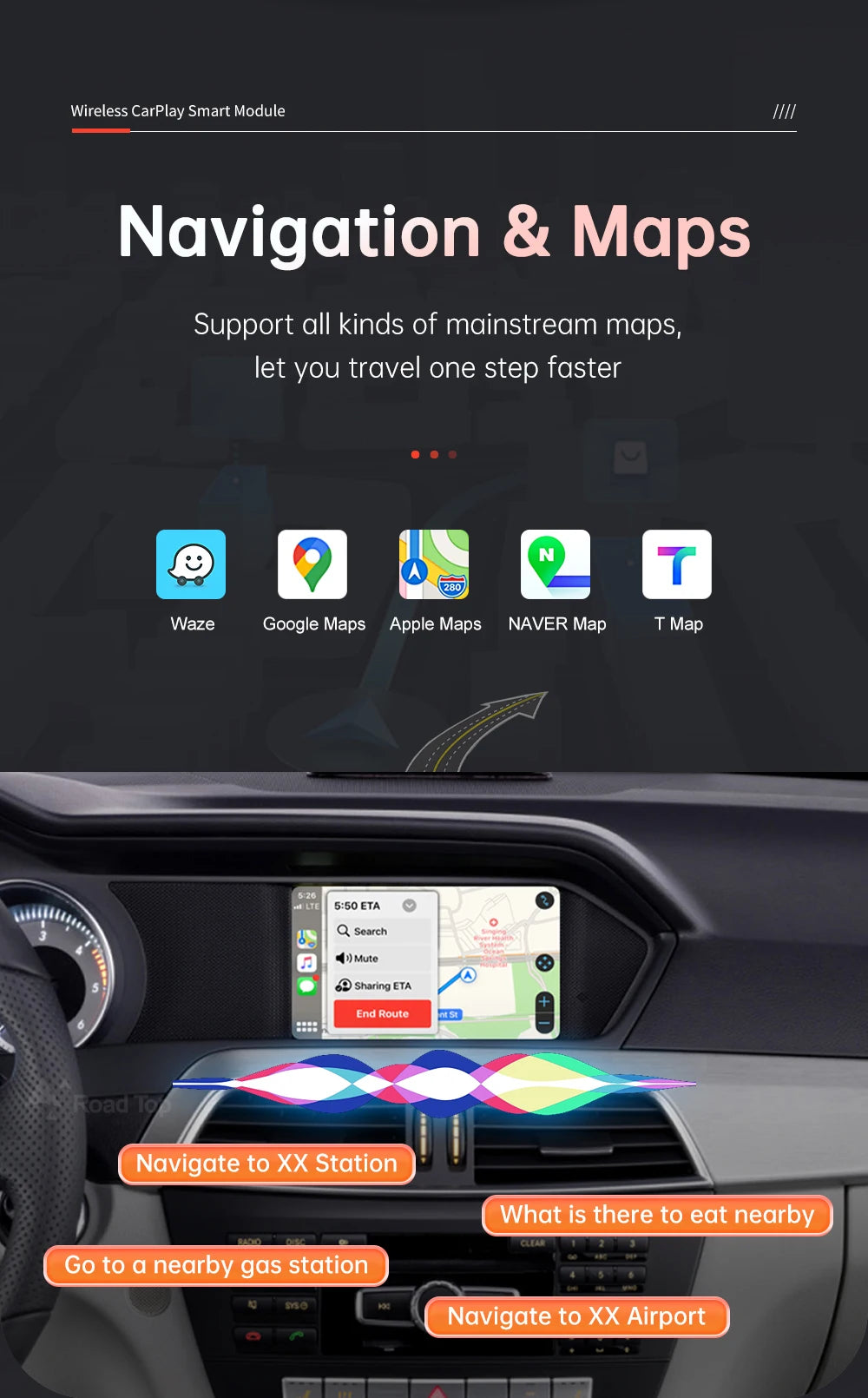 Road Top Wireless Carplay Android Auto for Mercedes Benz C-Class W204 2011-2014 NTG4.5/NTG4.7 with Mirror Link AirPlay Functions