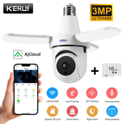 KERUI 5G/2.4G 3MP E27 Cameră cu bec PTZ Cameră IP WiFi cu lumină LED Supraveghere pentru securitate la interior Urmărire AI Viziune nocturnă