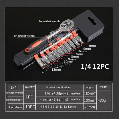 12Pcs 1/4 3/8 1/2 Socket Wrench Set Extension Rod Multi-function Ratchet Spanner Set Car Motorcycle Repair Automotive tools set