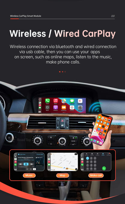 RoadTop Wireless CarPlay Android Auto pentru BMW Seria 3 E90 E91 E92 E93 Seria 5 E60 E61 2008-2013 cu funcție AirPlay Car Play