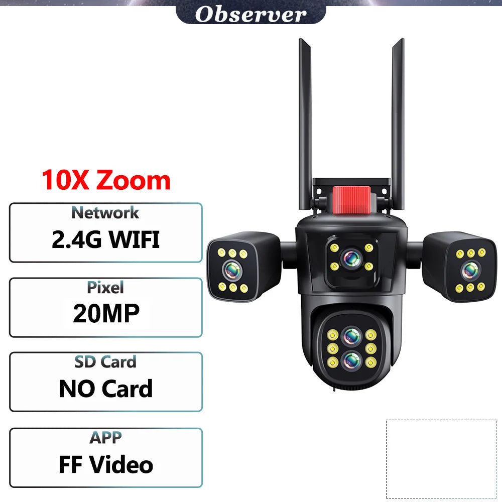 Caméras de sécurité WiFi 20MP 8K Cinq objectifs Quatre écrans Zoom 10X Caméra vidéo PTZ extérieure Suivi automatique 6K Surveillance CCTV étanche