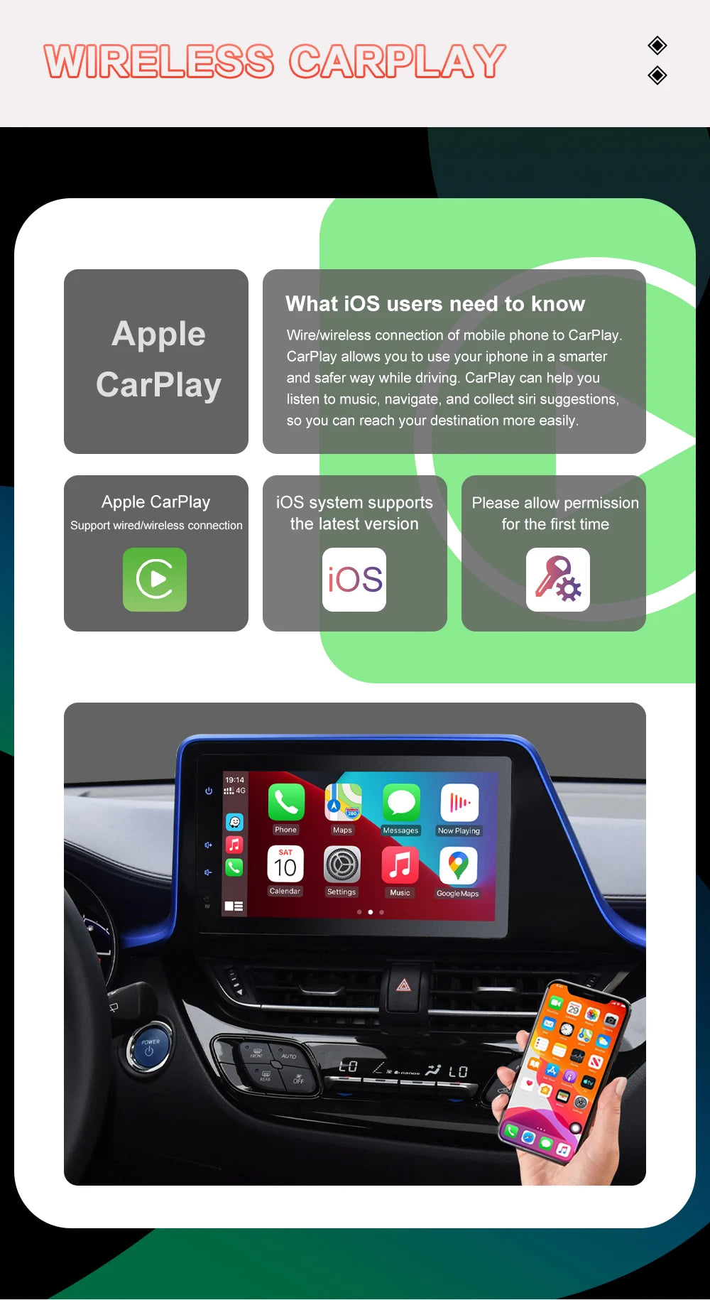 Carplay sans fil Android Auto pour Toyota 2014-2019 Tundra/Highlander/Tacoma/4Runner/Prius/Land Cruiser/Avalon/CH-R/Sienna