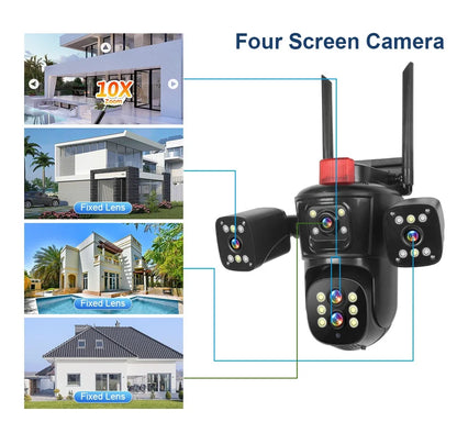 Caméra réseau WiFi 20MP 10K sans fil extérieur 10X Zoom quatre écrans cinq objectifs PTZ suivi automatique caméra de sécurité étanche CCTV