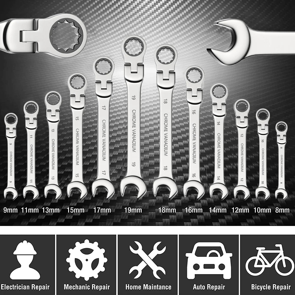 Flex Head Ratcheting Wrench Set,WOZOBUY Metric Ratchet Combination Wrenches Cr-V Gear Spanner Set Car Key Wrench Repair Tool Set