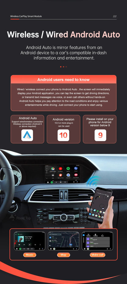 Road Top Wireless Carplay Android Auto for Mercedes Benz C-Class W204 2011-2014 NTG4.5/NTG4.7 with Mirror Link AirPlay Functions