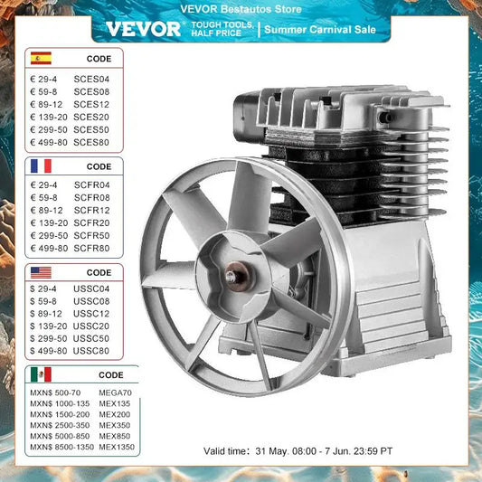 VEVOR 2.2KW Air Compressor Heads 12CFM Twin Cylinder 3 HP Single Stage 1300RPM Piston Pump Suitable for Farm Industry Machinery