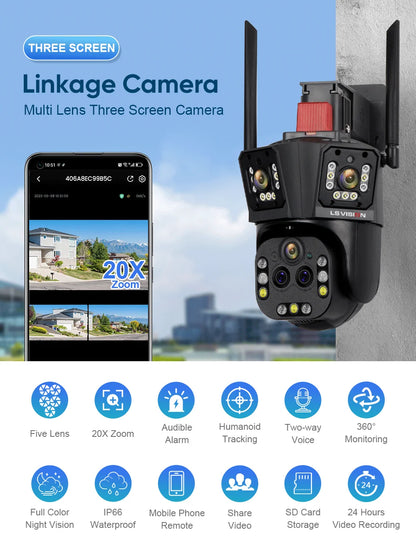 LS VISION 10K UHD WiFi IP Cameră de exterior Zoom optic 20X Urmărire automată 6K PTZ Cinci lentile Trei ecrane Cameră de securitate rezistentă la apă