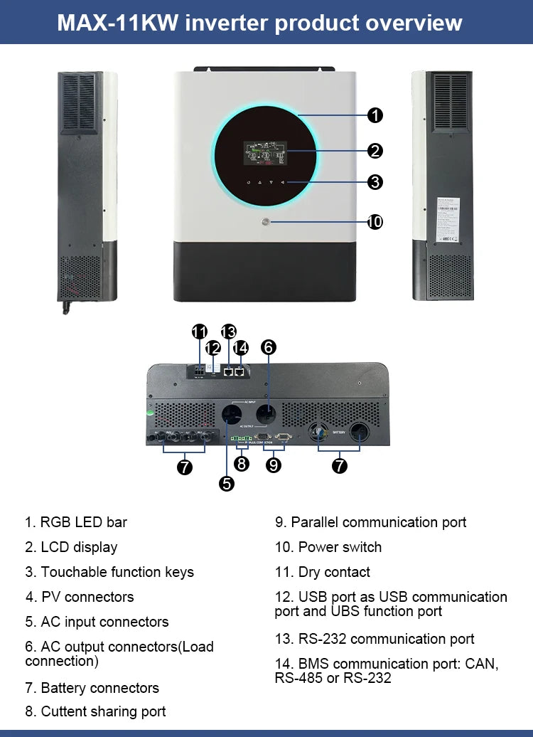 Onduleur solaire hybride à double entrée MPPT PV 11 kW 48 V CC 230 V CA à onde sinusoïdale pure Contrôleur de charge 150 A intégré Jusqu'à 6 unités en parallèle