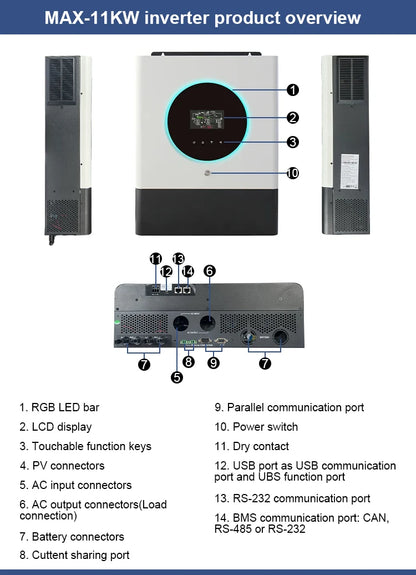 Onduleur solaire hybride à double entrée MPPT PV 11 kW 48 V CC 230 V CA à onde sinusoïdale pure Contrôleur de charge 150 A intégré Jusqu'à 6 unités en parallèle