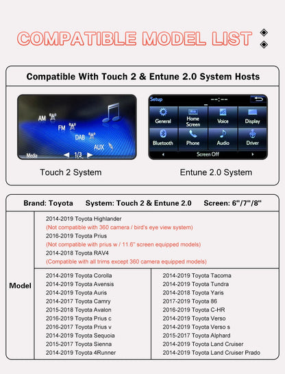 Carplay sans fil Android Auto pour Toyota 2014-2019 Tundra/Highlander/Tacoma/4Runner/Prius/Land Cruiser/Avalon/CH-R/Sienna
