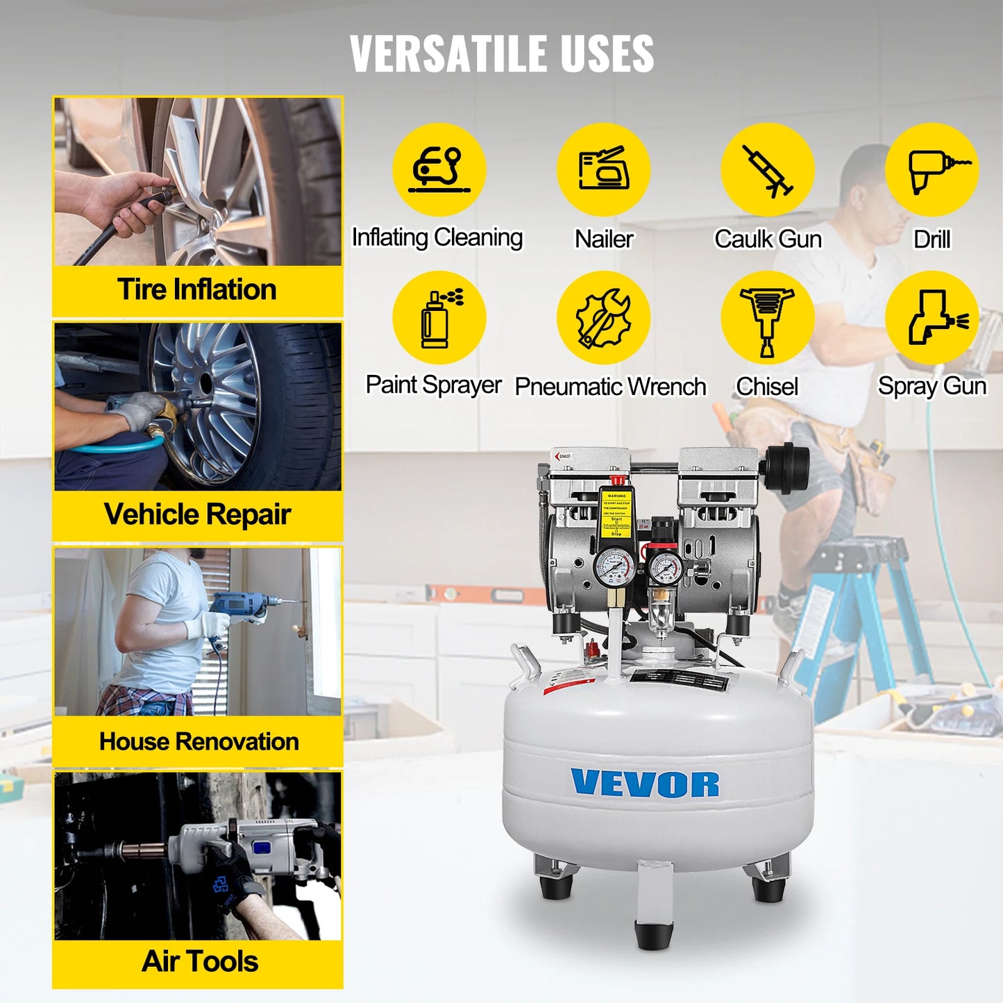 VEVOR Vertical Air Compressor 6.6/8.8 Gal Ultra Quiet Oil-Free Air Compressor 30L/40L Tank Silent Air Compressor 850W Low noise