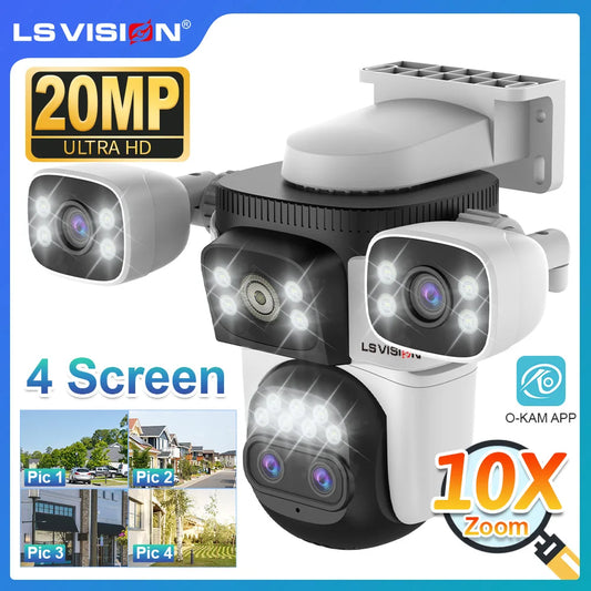 LS VISION 20MP Cameră de securitate WiFi cu patru ecrane pentru exterior Zoom optic 10X cu patru lentile Urmărire automată umană Camere CCTV rezistente la apă