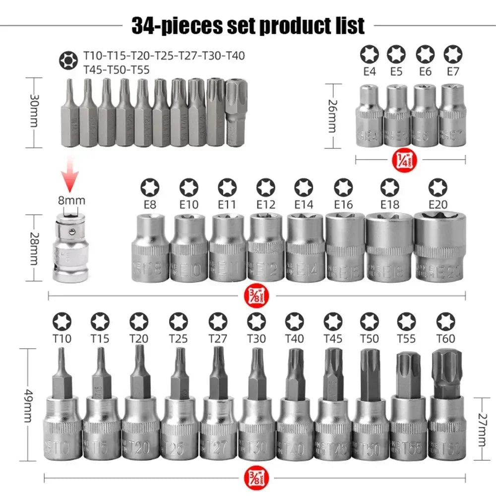 34Pcs Torx Star Sockets & Bit Set with Box Male / Female E-Security Bits Drive Handheld Tool Torque Star Socket Disassembly Tool