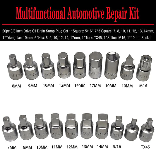 20PCS /8" Drive Oil Drain Sump Plug Key Set,  Hex   Torx Spline Socket Set, Engine Repair Mechanic tool