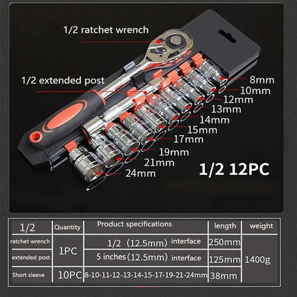 12Pcs 1/4 3/8 1/2 Socket Wrench Set Extension Rod Multi-function Ratchet Spanner Set Car Motorcycle Repair Automotive tools set