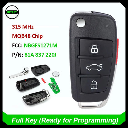 81A 837 220J FCCID: NBGFS12P71 Keyless Go Flip Remote Key Fob 3+1B ASK 315MHz MQB48 Chip for Audi A3 2013-2017 81A837220J