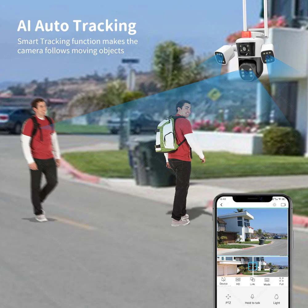 Cameră de securitate 8K 16MP WiFi Zoom 10X Ecrane triple cu patru lentile Cameră PTZ în aer liber Urmărire automată Camere de supraveghere video CCTV