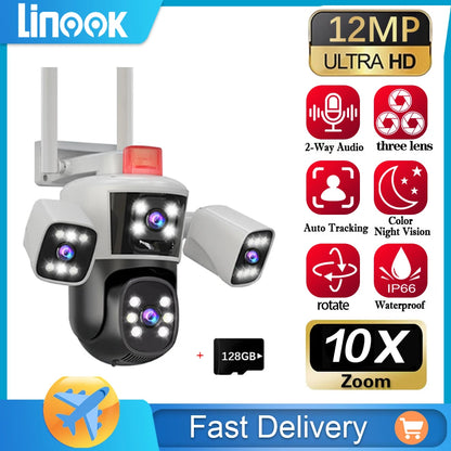 Linook12MP 6K 3 lenses waterproof CCTV outdoor WIFI phone network camera PTZ 360 intelligent camera security protection camera