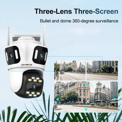 LS VISION 12MP 6K Three Screens WiFi Linkage Camera Outdoor Three Lens PTZ Auto Tracking Security Cameras Alexa iCSee App