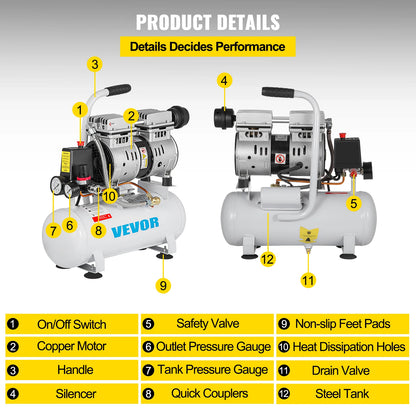 VEVOR Air Compressor 2Gal Ultra Quiet Oil-free Air Compressor 9L Tank Silent Air Compressor 550W Low noise w/ Pure Copper Motor