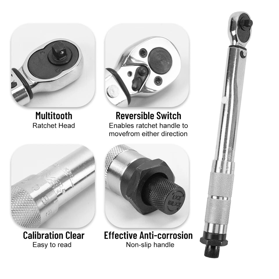 Professional Adjustable Torque Wrench Set 1/4'' Drive Spanner Hand Tool with 3/8 Adapter Ideal for Cars Motorbikes and Bicycles