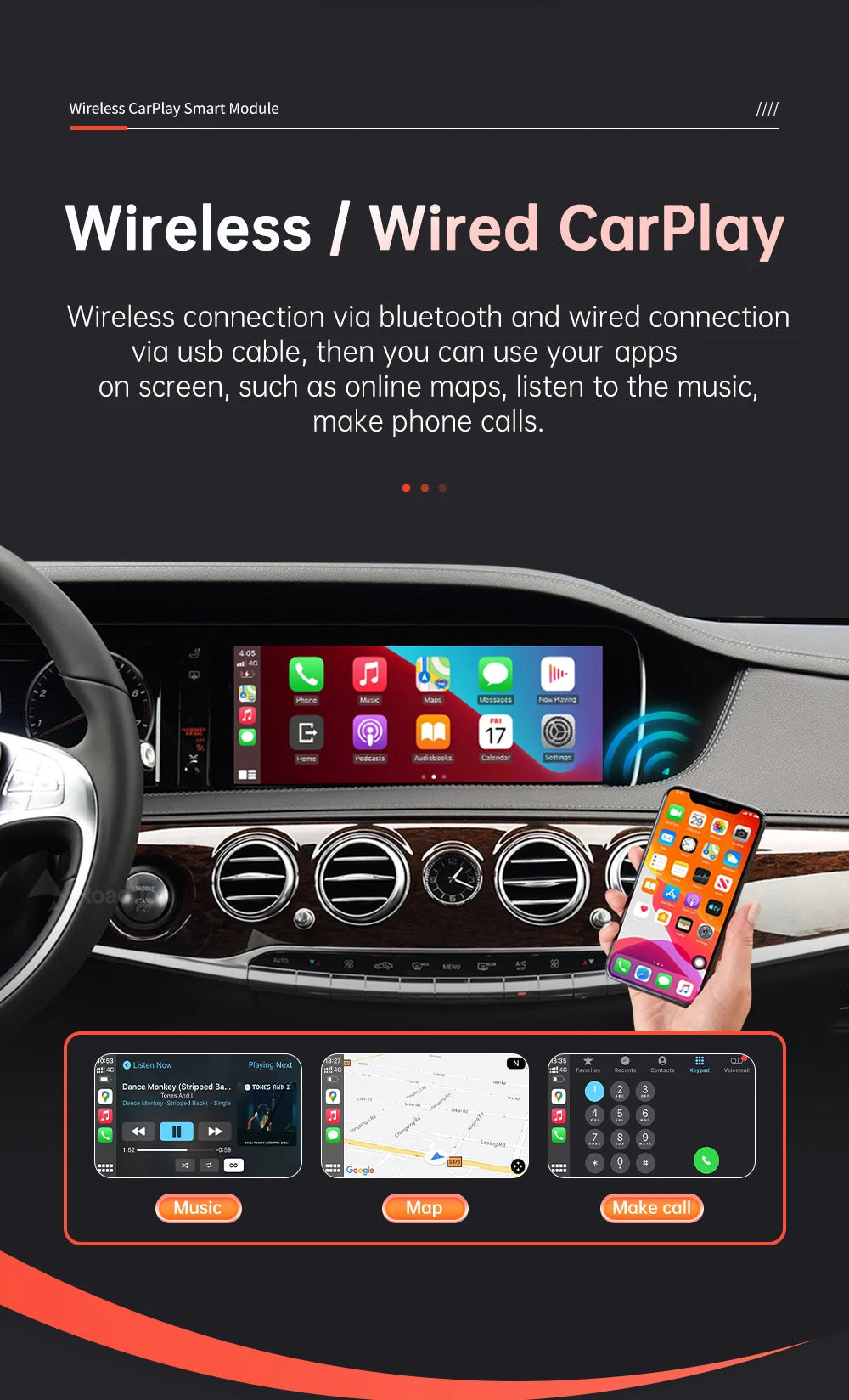 Wireless CarPlay for Mercedes Benz S-Class W222 W217 2014-2018 with Android Auto Mirror Link AirPlay Car Play Functions