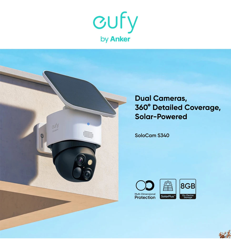 Caméra de sécurité solaire eufy SoloCam S340 Caméra extérieure sans fil Surveillance à 360° Aucun angle mort Wi-Fi 2,4 GHz Pas de frais mensuels