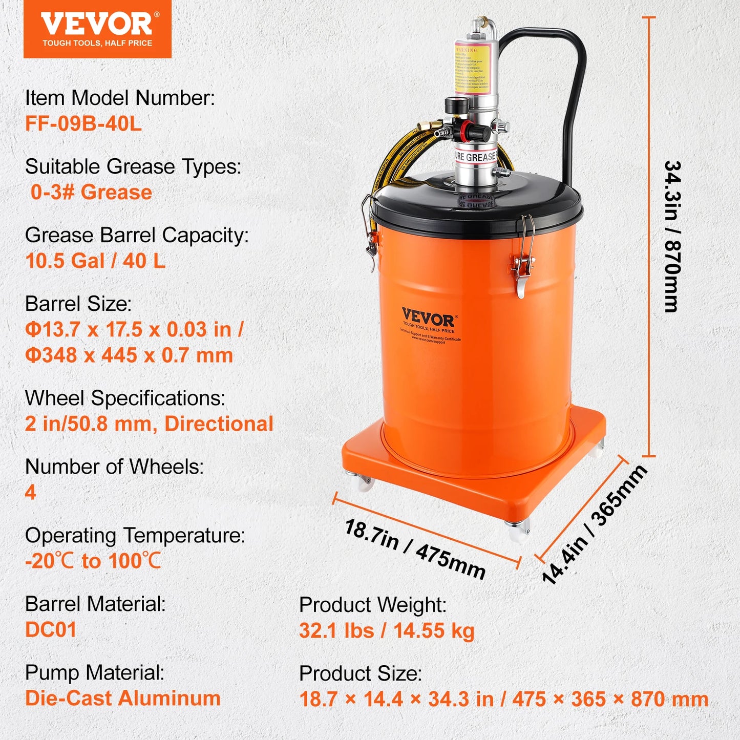 VEVOR 3/5/10.5 Gallon Grease Pump Air Operated with Hose Pneumatic Grease Bucket Gun and Wheels for Cars 50:1 Pressure Ratio