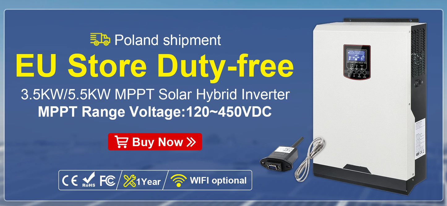 Hybrid MPPT Solar Inverter 3.5KW 5.5KW AC230V DC24V 48V MPPT 100A 500VDC PV Input 5500W Pure Sine Wave Hybrid Inversor With WiFI