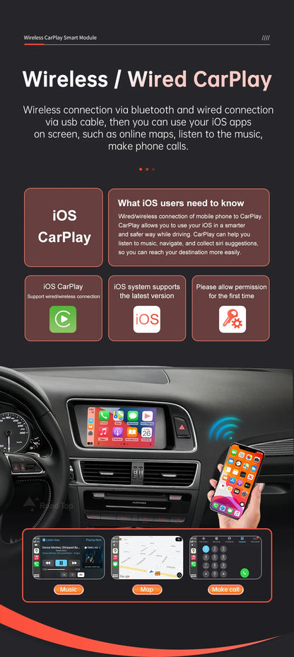 Road Top Wireless Carplay Module For Audi Q5 2009-2017, with Android Auto Airplay Mirror Link USB Player Rear Camerm Functions