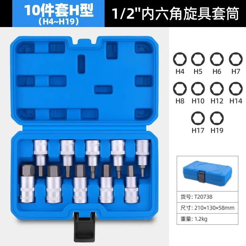 Set de 10 bucăți Hi-Spec Set de biți hexagonal de 1/2 inch Cheie hexagonală cu șase unghiuri pentru cheie cu clichet Instrument manual pentru reparații auto