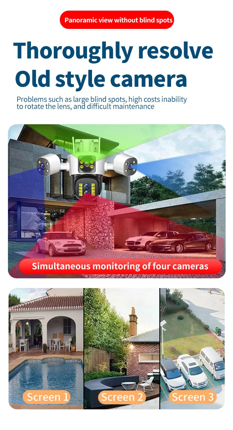 Cameră de securitate 8K 16MP WiFi Zoom 10X Ecrane triple cu patru lentile Cameră PTZ în aer liber Urmărire automată Camere de supraveghere video CCTV