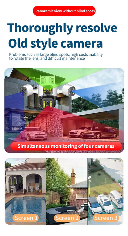 Cameră de securitate 8K 16MP WiFi Zoom 10X Ecrane triple cu patru lentile Cameră PTZ în aer liber Urmărire automată Camere de supraveghere video CCTV