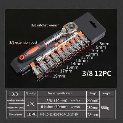 12Pcs 1/4 3/8 1/2 Socket Wrench Set Extension Rod Multi-function Ratchet Spanner Set Car Motorcycle Repair Automotive tools set