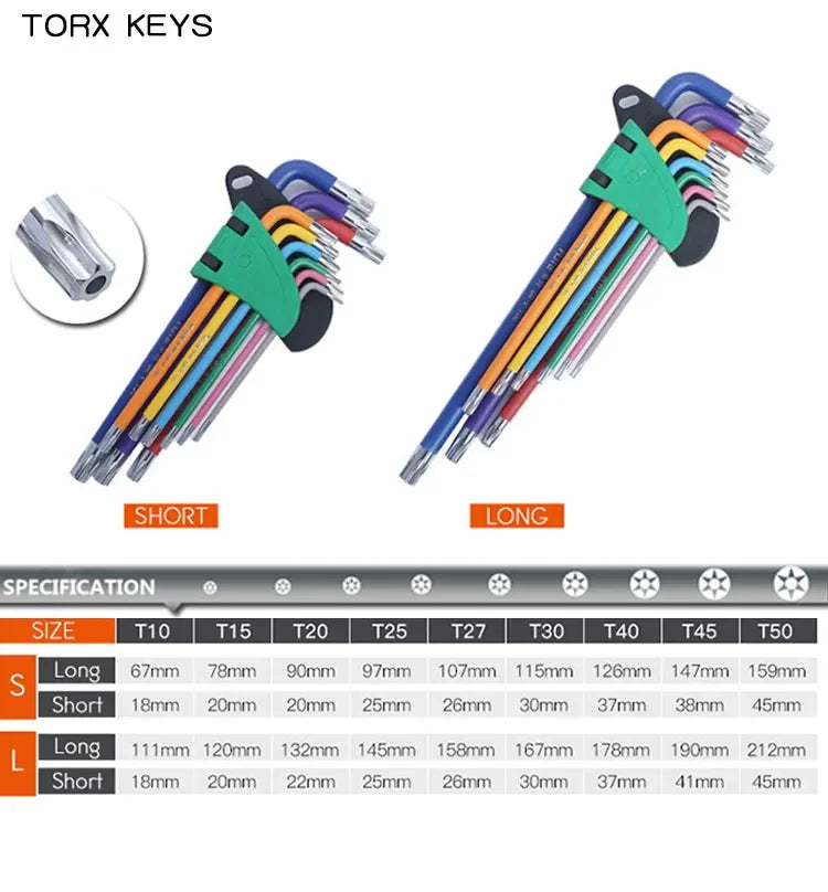 Hex Key Set Metric SAE Allen Wrenches Set Extra Long Ball & Star End Hex Key Set Metric 1.5-10mm Wrench Kit For Bicycle Repair