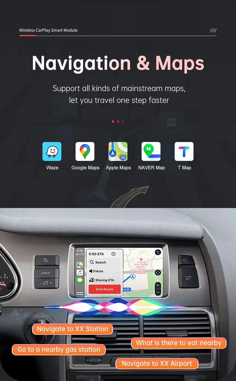 Road Top Wireless CarPlay Android Auto Interface For Audi Q7 2010-2015 with AirPlay Mirror Link Car Play Functions