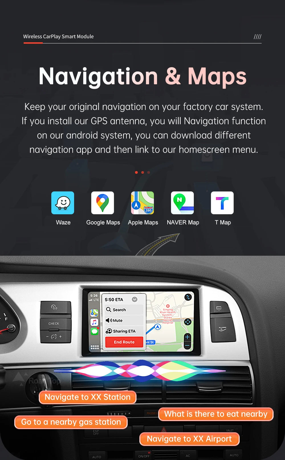 Road Top Wireless CarPlay Android Auto decorder for Audi A6 A7 2010-2011,with Mirror Link AirPlay Car Play Functions