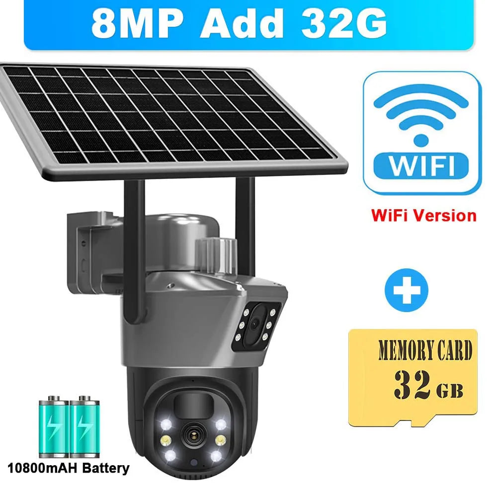 Cameră solară 8MP 4K WiFi Cameră de supraveghere CCTV fără fir pentru exterior cu panou solar lentilă duală PTZ IP Cameră de protecție de securitate